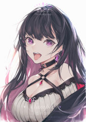 Rule 34 | 1girl, :d, bare shoulders, black choker, black hair, breasts, choker, commentary request, criss-cross halter, earrings, fanshu, grey background, grey shirt, halterneck, highres, jewelry, koinoya mai, large breasts, long hair, looking at viewer, multicolored hair, off-shoulder shirt, off shoulder, open mouth, propro production, purple eyes, purple hair, shirt, simple background, smile, solo, tongue, tongue out, upper body, virtual youtuber
