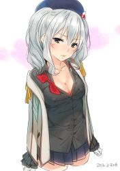 Rule 34 | 10s, 1girl, 2016, ama mitsuki, artist name, beret, black shirt, blush, breasts, cleavage, collarbone, cropped legs, dated, epaulettes, gloves, grey eyes, hat, kantai collection, kashima (kancolle), looking at viewer, medium breasts, military, military uniform, open clothes, open shirt, pleated skirt, red ribbon, ribbon, shirt, silver hair, skirt, solo, twintails, two side up, uniform, white gloves