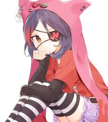 Rule 34 | 10s, 1girl, animal hood, bad id, bad twitter id, belt, black hair, chain, commentary request, crescent, eyepatch, frown, hand rest, hayasaka mirei, heart, hood, idolmaster, idolmaster cinderella girls, jitome, lavender skirt, layered sleeves, long sleeves, looking at viewer, misha (hoongju), multicolored hair, pin, pout, red hair, red shirt, shirt, short over long sleeves, short sleeves, simple background, sitting, solo, streaked hair, striped clothes, striped thighhighs, thighhighs, white background, yellow eyes
