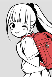 Rule 34 | 1girl, ;q, backpack, bag, blunt bangs, blush, commentary, dot nose, from side, grey background, hair ornament, hair scrunchie, highres, hitoribocchi no marumaru seikatsu, honshou aru, katsuwo (cr66g), long hair, looking at viewer, monochrome, one eye closed, pleated skirt, ponytail, randoseru, scrunchie, shirt tucked in, simple background, skirt, solo, spot color, standing, tongue, tongue out, upper body