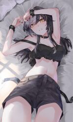 1girl absurdres armpits arms_up black_bra black_choker black_hair black_shorts bra breasts choker cleavage denim denim_shorts hair_between_eyes highres hololive hololive_english kurochanai lying medium_breasts multicolored_hair navel off_shoulder on_back on_bed parted_lips shiori_novella shorts single_off_shoulder smile solo split-color_hair two-tone_hair underwear virtual_youtuber white_hair wrist_cuffs yellow_eyes