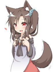 Rule 34 | 1girl, alternate hairstyle, animal ears, brown hair, dress, fang, hair ornament, hair scrunchie, heart, imaizumi kagerou, long hair, natsu no koucha, open mouth, red eyes, scrunchie, side ponytail, simple background, smile, solo, tail, tail wagging, touhou, white background, wolf ears, wolf tail