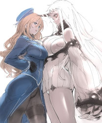 Rule 34 | 10s, 2girls, abyssal ship, atago (kancolle), bare shoulders, beret, black gloves, black legwear, blonde hair, breast press, breasts, commentary, confrontation, crotch seam, dress, gloves, hat, horns, kantai collection, large breasts, long hair, military, military uniform, multiple girls, nishieda, pale skin, pantyhose, ribbed dress, seaport princess, short dress, single horn, sketch, sweatdrop, symmetrical docking, thighband pantyhose, thighs, uniform, very long hair, white hair
