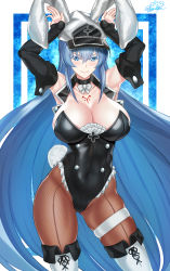 Rule 34 | 1girl, absurdres, akame ga kill!, alternate costume, animal ears, armpits, black leotard, blue eyes, blue hair, blush, boots, bow, bowtie, breasts, choker, cleavage, closed mouth, covered navel, cowboy shot, detached sleeves, esdeath, fake animal ears, fishnet thighhighs, fishnets, hair between eyes, hat, highleg, highleg leotard, highres, large breasts, leotard, long hair, looking at viewer, nez-box, pantyhose, playboy bunny, rabbit ears, rabbit pose, rabbit tail, signature, smile, solo, strapless, strapless leotard, tail, tattoo, thigh boots, thighhighs, very long hair