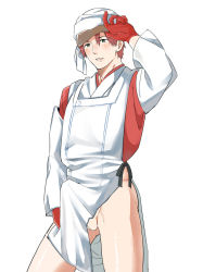 Rule 34 | 1boy, bad id, bad pixiv id, bottomless, brown hair, bulge, erection, erection under clothes, gloves, green eyes, ichigo to marugao, long sleeves, looking at viewer, male focus, original, parted lips, penis, penis peek, red gloves, simple background, solo, testicle peek, thighs, white background, wiping sweat