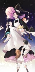 Rule 34 | 3boys, 4girls, :d, aged down, apron, aqua hair, black hair, blonde hair, brown footwear, brown hair, child, emma (yakusoku no neverland), gradient background, green eyes, hat, highres, holding, holding wand, isabella (yakusoku no neverland), multiple boys, multiple girls, nawooteto, open mouth, orange hair, outstretched arms, pink eyes, short twintails, smile, star (symbol), twintails, wand, wide sleeves, witch hat, yakusoku no neverland