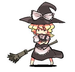 Rule 34 | 1girl, blonde hair, broom, crossed arms, female focus, full body, hat, kirisame marisa, lowres, simple background, solo, touhou, white background, witch, witch hat, yoshioka yoshiko