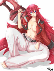 Rule 34 | 1girl, absurdres, ahoge, arc system works, aria (guilty gear), barefoot, belt, blue eyes, blush, breasts, candy, cosplay, enemyofgod000, food, guilty gear, guilty gear xrd, highres, large breasts, lollipop, long hair, looking at viewer, no bra, red hair, shiny skin, simple background, sitting, sol badguy, sol badguy (cosplay), solo, sword, very long hair, weapon, white background