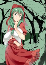 Rule 34 | 1girl, blush, breast hold, breasts, cleavage, dress, covered erect nipples, female focus, finger to cheek, forest, frills, front ponytail, green eyes, green hair, highres, huge breasts, kagiyama hina, large breasts, long hair, looking at viewer, matching hair/eyes, nature, puffy nipples, puffy sleeves, ribbon, smile, solo, suica kkk, touhou