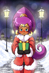 Rule 34 | 1girl, black mittens, blue eyes, blush, box, christmas, coat, commentary, dark-skinned female, dark skin, earrings, english commentary, fur-trimmed coat, fur trim, gift, gift box, highres, holding, holding box, holding gift, hoop earrings, jewelry, lamppost, linker, long hair, looking at viewer, mittens, night, pants, pointy ears, ponytail, purple hair, red coat, red pants, religious offering, santa costume, shantae, shantae (series), smile, snow, solo, very long hair, winter