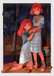 Rule 34 | 2girls, absurdres, bare legs, barrel, blue dress, blue eyes, border, bracelet, dress, food, fruit, highres, jewelry, kneeling, kumomachi, long hair, looking at viewer, mole, mole under eye, multiple girls, necklace, original, patchwork clothes, pointy ears, print dress, red hair, ring, sandals, short hair, short sleeves, siblings, sisters, standing, twins, white border