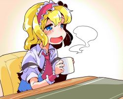 Rule 34 | 1girl, alice margatroid, ascot, blonde hair, blue eyes, blue vest, blush, capelet, chair, commentary request, cup, frills, hairband, lolita hairband, mug, open mouth, puffy short sleeves, puffy sleeves, shinapuu, short hair, short sleeves, sitting, smile, solo, steam, table, touhou, wing collar, wrist cuffs