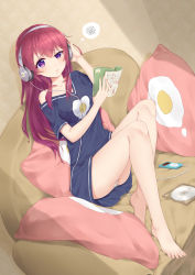 Rule 34 | 10s, 1girl, :/, absurdres, barefoot, blue shirt, book, cd, cd case, couch, cushion, digital media player, feet, full body, girlish number, hand on headphones, hand up, headphones, highres, holding, holding book, karasuma chitose (girlish number), knees up, long hair, nail polish, neps-l, no pants, off shoulder, on couch, panties, pout, print shirt, purple eyes, red hair, shirt, short sleeves, solo, spoken squiggle, spread toes, squiggle, striped clothes, striped panties, toenail polish, toenails, toes, underwear, uneven eyes