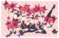 Rule 34 | 1girl, artist name, ass, bare shoulders, bat wings, boots, character doll, demon girl, demon tail, demon wings, disgaea, disgaea d2, earrings, elbow gloves, etna (disgaea), finger to mouth, flat chest, gloves, iwashi dorobou -r-, jewelry, mini wings, navel, one eye closed, open mouth, pointy ears, prinny, red hair, skull, tail, thigh boots, thighhighs, tongue, tongue out, wings