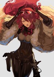 Rule 34 | 1girl, absurdres, bow, breasts, evoker, closed eyes, fur trim, gloves, hair over one eye, highres, kirijou mitsuru, large breasts, long hair, ormille, persona, persona 3, persona 4: the ultimate in mayonaka arena, rapier, red hair, ribbon, solo, sword, weapon