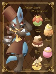 Rule 34 | artist name, bowl, brown background, brown hat, buneary, chef hat, cherrim, chocolate, clothed pokemon, commentary request, creatures (company), framed, game freak, gen 2 pokemon, gen 4 pokemon, gen 5 pokemon, gen 7 pokemon, hat, highres, holding, lilligant, lucario, nintendo, pokemon, pokemon (creature), red eyes, ribombee, sasabunecafe, solo, standing, teddiursa, toes