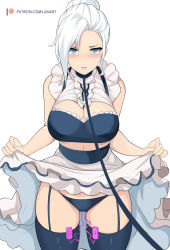 Rule 34 | 1girl, alternate costume, bare shoulders, bdsm, blue eyes, blue panties, blue thighhighs, blush, breasts, cleavage, clothes lift, collar, cowboy shot, dress, enmaided, female focus, frilled skirt, frills, garter straps, hair bun, holding, holding clothes, holding skirt, lainart, large breasts, leash, lifting own clothes, looking at viewer, maid, panties, parted lips, rwby, sex toy, sidelocks, single hair bun, skirt, skirt lift, slave, solo, standing, sweat, thighhighs, thighs, underwear, vibrator, vibrator under clothes, vibrator under panties, viewer holding leash, white background, white hair, winter schnee