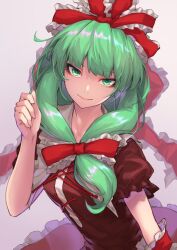 Rule 34 | 1girl, bow, commission, frilled bow, frilled ribbon, frills, front ponytail, green eyes, green hair, highres, kagiyama hina, looking at viewer, re (re 09), ribbon, skeb commission, solo, touhou, upper body