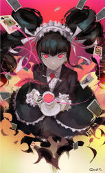 Rule 34 | 1girl, black hair, black nails, blunt bangs, bonnet, card, celestia ludenberg, claw ring, commentary, cup, danganronpa: trigger happy havoc, danganronpa (series), drill hair, earrings, english commentary, from above, gothic lolita, highres, holding, jewelry, lolita fashion, long hair, long sleeves, looking at viewer, nail polish, necktie, photoshop (medium), playing card, qosic, red eyes, skirt, solo, teacup, twin drills, twintails, very long hair