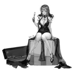 Rule 34 | 1girl, bad id, bad twitter id, breasts, champagne flute, character name, cleavage, cup, dress, drinking glass, dsr-50 (girls&#039; frontline), dsr-50 (highest bid) (girls&#039; frontline), earrings, full body, girls&#039; frontline, gorget, greyscale, ioliteplanet, jewelry, knees together feet apart, large breasts, long dress, long hair, looking at viewer, monochrome, no bra, official alternate costume, pelvic curtain, plunging neckline, sitting, smile, solo