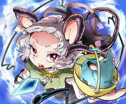 Rule 34 | 1girl, animal ears, bad id, bad pixiv id, capelet, cloud, female focus, grey hair, hair ornament, jewelry, mouse (animal), mouse ears, mouse tail, nazrin, red eyes, shinoasa, short hair, sky, solo, tail, touhou