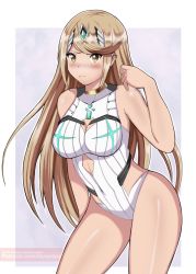 Rule 34 | 1girl, arm up, bare shoulders, blonde hair, blush, breasts, chest jewel, choker, closed mouth, feet out of frame, gem, halterneck, headpiece, large breasts, lepypepy, long hair, mythra (radiant beach) (xenoblade), mythra (xenoblade), one-piece swimsuit, patreon username, ribbed swimsuit, shiny skin, solo, standing, strapless, strapless one-piece swimsuit, striped clothes, striped one-piece swimsuit, swept bangs, swimsuit, thighs, tiara, two-tone swimsuit, vertical-striped clothes, vertical-striped one-piece swimsuit, very long hair, watermark, web address, white one-piece swimsuit, xenoblade chronicles (series), xenoblade chronicles 2, yellow eyes