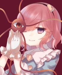 Rule 34 | 1girl, blue shirt, buttons, cacao (cacaomgmg), closed mouth, commentary request, eyeball, frilled shirt collar, frills, gloves, hair ornament, hairband, heart, heart button, heart hair ornament, highres, komeiji satori, long sleeves, looking at viewer, one eye closed, pink hair, purple eyes, shirt, short hair, solo, third eye, touhou