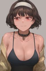 Rule 34 | 1girl, absurdres, bare shoulders, black hair, breasts, cleavage, close-up, closed mouth, free style (yohan1754), grey background, highres, large breasts, mole, mole under eye, off shoulder, original, red eyes, short hair, simple background, smile, solo, upper body