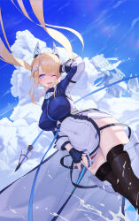 Rule 34 | 1girl, azur lane, black thighhighs, blonde hair, blue eyes, blue sky, breasts, cloud, cloudy sky, covered erect nipples, covered navel, dutch angle, framed breasts, guam (azur lane), headgear, highres, large breasts, long hair, long sleeves, one eye closed, pelvic curtain, shigma, sky, solo, splashing, thighhighs, twintails, very long hair, zettai ryouiki