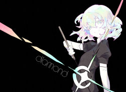 Rule 34 | 1other, androgynous, artist name, black background, character name, diamond (houseki no kuni), elbow gloves, gleam, gloves, highres, holding, holding sword, holding weapon, houseki no kuni, litsvn, looking at viewer, multicolored hair, necktie, other focus, rainbow hair, short hair, short sleeves, simple background, smile, solo, sword, upper body, weapon