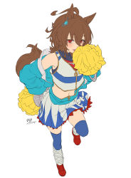 Rule 34 | agnes tachyon (umamusume), ahoge, alternate costume, animal ears, artist logo, artist name, bad id, bad twitter id, blue jacket, blue thighhighs, brown hair, cheerleader, crop top, earrings, flat color, full body, hand on own hip, hand up, highres, holding, holding pom poms, horse ears, horse girl, horse tail, jacket, jewelry, leg warmers, long sleeves, looking at viewer, medium hair, navel, partially unzipped, pom pom (cheerleading), pom poms, red footwear, red hair, shirt, shoes, simple background, single earring, skirt, sleeveless, sleeveless shirt, standing, standing on one leg, tail, thighhighs, tongue, tongue out, turtleneck, umamusume, unfinished, white background, yanyo (ogino atsuki)