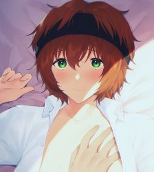Rule 34 | 1boy, 1other, blush, collarbone, gnash15, green eyes, hand on another&#039;s chest, headband, highres, idolmaster, idolmaster side-m, lying, on back, on bed, open clothes, open shirt, red hair, shadow, shirt, upper body, wakazato haruna, white shirt