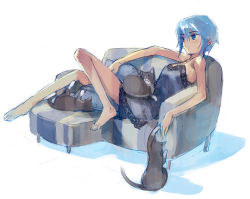 Rule 34 | 1girl, 2no, barefoot, blue eyes, blue hair, cat, couch, feet, flat chest, lingerie, lowres, matching hair/eyes, nightgown, ninomoto, sketch, solo, underwear