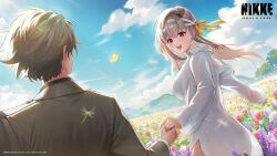 1boy 1girl artist_request blue_sky brown_hair bug butterfly cloud cloudy_sky commander_(nikke) commentary_request dandelion day field flower flower_field goddess_of_victory:_nikke grey_hair hair_ribbon highres holding_hands insect lavender_(flower) long_hair long_sleeves looking_at_another military_uniform modernia_(first_affection)_(nikke) modernia_(nikke) mountainous_horizon open_mouth outdoors red_eyes ribbon rose second-party_source shirt short_hair sky smile tee teeth tongue upper_teeth_only white_shirt yellow_ribbon