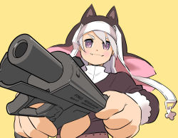 Rule 34 | 1girl, animal ears, cat ears, character name, cocking gun, commentary request, cross, dress, gear (gearba50), girls&#039; frontline, gun, h&amp;k p7, habit, handgun, highres, holding, holding gun, holding weapon, long hair, long sleeves, looking at viewer, nun, p7 (girls&#039; frontline), purple eyes, silver hair, simple background, smile, solo, symbol-shaped pupils, trigger discipline, weapon, weapon name, yellow background