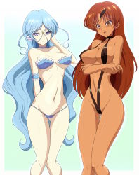 Rule 34 | 2girls, absurdres, armlet, asaricurry, bikini, bishoujo senshi sailor moon, bishoujo senshi sailor moon stars, black one-piece swimsuit, black slingshot swimsuit, blue background, blue bikini, blue eyes, blue hair, breasts, cleavage, commission, covered erect nipples, dark-skinned female, dark skin, earrings, embarrassed, fins, frilled bikini, frills, gradient background, halterneck, head fins, highres, jewelry, large breasts, lipstick, long hair, looking at viewer, makeup, micro bikini, multiple girls, navel, one-piece swimsuit, open mouth, outside border, parted bangs, pixiv commission, polka dot, polka dot bikini, red eyes, red hair, sailor aluminum seiren, sailor lead crow, simple background, slingshot swimsuit, smile, star (symbol), star earrings, strapless, strapless bikini, string bikini, sweatdrop, swimsuit, very long hair, wavy hair, white background