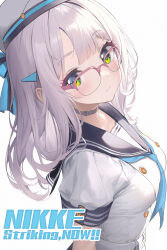 Rule 34 | 1girl, ai-assisted, belt, blue bow, blue sailor collar, blush, bow, closed mouth, collar, collarbone, commentary, dress, from above, glasses, goddess of victory: nikke, green eyes, hair bow, hair ornament, hairclip, highres, kim hyung tae, long hair, looking at viewer, neon (nikke), sailor collar, short sleeves, simple background, smile, solo, standing, white background, white dress, white hair, white headwear