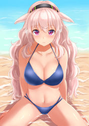 Rule 34 | .live, 1girl, animal ears, arm support, arms behind back, barefoot, beach, bikini, blue bikini, blush, breasts, caustics, cleavage, closed mouth, collarbone, colored stripes, commentary request, day, earmuffs, groin, hair between eyes, halterneck, highres, large breasts, light smile, long hair, looking at viewer, mokota mememe, multi-strapped bikini, navel, on ground, outdoors, partially submerged, pink hair, red eyes, sand, shadow, shallow water, sheep ears, shiny skin, sidelocks, sitting, skindentation, smile, solo, spread legs, string bikini, striped, swimsuit, thighs, tipo (tipoplaza), vertical stripes, very long hair, virtual youtuber, wariza, water, wavy hair