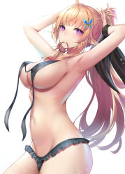Rule 34 | 1girl, ahoge, armpits, arms up, bikini, black bikini, black ribbon, blonde hair, breasts, cleavage, cowboy shot, elf, groin, hair ornament, hair tie in mouth, large breasts, long hair, looking at viewer, mizuya nao, mouth hold, navel, original, pointy ears, ponytail, ribbon, sidelocks, simple background, solo, standing, stomach, swimsuit, untied bikini, very long hair, white background, wrist ribbon