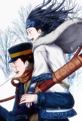 Rule 34 | 10s, 1boy, 1girl, ainu, ainu clothes, asirpa, bandana, bare tree, black hair, blue eyes, bow (weapon), brown eyes, brown hair, cape, carrying, coat, dagger, earrings, fingerless gloves, fur cape, gloves, golden kamuy, hat, highres, hoop earrings, jewelry, knife, lifting person, long hair, long sleeves, military hat, open mouth, outdoors, profile, quiver, scabbard, scar, scar on face, scarf, sheath, sheathed, short hair, shoulder carry, snow, sugimoto saichi, tree, weapon, wide sleeves, wind, winter