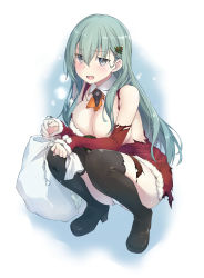 Rule 34 | 1girl, aqua hair, black footwear, boots, breasts, christmas, christmas tree hair ornament, detached sleeves, dress, fur-trimmed dress, fur-trimmed sleeves, fur trim, grey eyes, hair ornament, hairclip, highres, kantai collection, large breasts, long hair, long sleeves, red dress, red sleeves, sack, sakana (flame sakana), santa costume, santa dress, short dress, solo, suzuya (kancolle), thigh boots, thighhighs, torn clothes, torn dress, torn sleeves