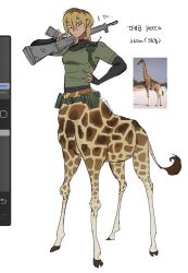 Rule 34 | 1girl, animal, arm up, brown hair, centauroid, closed mouth, commentary request, earrings, freckles, giraffe, giraffe girl, giraffe tail, green eyes, green shirt, gun, hand on own hip, highres, holding, holding gun, holding weapon, hooves, jewelry, kimsuseu, korean commentary, korean text, long hair, long sleeves, looking at viewer, monster girl, multicolored hair, original, over shoulder, radio, reference inset, shirt, standing, tactical clothes, tail, taur, translation request, user interface, weapon, weapon over shoulder