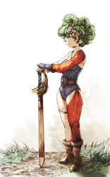 Rule 34 | 1girl, asymmetrical clothes, belt, belt buckle, boots, breasts, brown footwear, buckle, curly hair, dragon quest, dragon quest iv, forehead jewel, forehead protector, full body, gloves, green eyes, green hair, heroine (dq4), highres, leotard, medium breasts, planted sword, planted, short hair, single glove, single pantsleg, single sleeve, solo, standing, sword, thighhighs, wasabi (wa bi sabi), weapon, white background