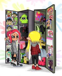 Rule 34 | 2girls, :d, agent 3 (splatoon), agent 8 (splatoon), black eyes, black footwear, black pants, black sweater, blonde hair, blue headwear, blush, book, breasts, calendar (object), camisole, cleavage, clothes hanger, commentary, cup, dress, english commentary, flower, from behind, grey sweater, hair flower, hair ornament, heart, high-visibility vest, highres, inkling, inkling girl, inkling player character, jacket, locker, looking at another, looking back, looking down, mug, multiple girls, nintendo, octoling, octoling girl, octoling player character, open mouth, pants, photo (object), plaid, plaid jacket, red dress, red footwear, red hair, shoes, shorts, smile, sneakers, splatoon (series), stuffed toy, suction cups, sweater, tentacle hair, unamused, yurami18
