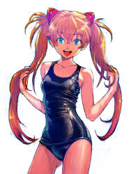 Rule 34 | 1girl, :d, bare shoulders, blue eyes, boyaking, collarbone, hair ornament, long hair, md5 mismatch, neon genesis evangelion, one-piece swimsuit, open mouth, orange hair, school swimsuit, shiny clothes, smile, solo, souryuu asuka langley, swimsuit, twintails, wet, wet clothes