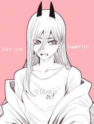 Rule 34 | 1girl, chainsaw man, character name, clothes writing, cross-shaped pupils, dated, hair between eyes, highres, hoshi san 3, jacket, long hair, off shoulder, open mouth, pink background, power (chainsaw man), print shirt, sharp teeth, shirt, simple background, solo, symbol-shaped pupils, teeth, upper body, upper teeth only