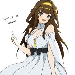 Rule 34 | 1girl, absurdres, bigkwl, breasts, brown hair, cleavage, cleavage cutout, clothing cutout, dated, double bun, dress, gold hairband, grey eyes, hair bun, hairband, highres, index finger raised, kantai collection, kongou (anniversary) (kancolle), kongou (kancolle), long hair, medium breasts, official alternate costume, one-hour drawing challenge, open mouth, smile, solo, teeth, twitter username, upper teeth only, white dress