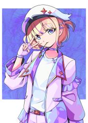 Rule 34 | 1girl, blonde hair, choker, closed mouth, fingerless gloves, gloves, hair ornament, hat, highres, hololive, hololive dev is, jacket, looking at viewer, mouth hold, open clothes, open jacket, pankeiki, plant, purple choker, purple gloves, purple jacket, shirt, short hair, solo, todoroki hajime, v, virtual youtuber, white shirt