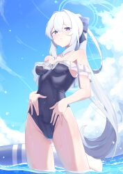 Rule 34 | 1girl, absurdres, blue archive, blue halo, blue one-piece swimsuit, blush, breasts, covered navel, cowboy shot, day, frilled one-piece swimsuit, frills, gluteal fold, grey hair, groin, hair between eyes, halo, highres, long hair, miyako (blue archive), miyako (swimsuit) (blue archive), ocean, off-shoulder one-piece swimsuit, off shoulder, official alternate costume, one-piece swimsuit, outdoors, parted lips, ponytail, purple eyes, small breasts, solo, swimsuit, t-hou, water, wet