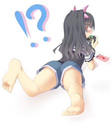 Rule 34 | !?, 10s, 1girl, alternate costume, ass, barefoot, black hair, blush, bow, casual, choujigen game neptune mk2, feet, female focus, food, foreshortening, from behind, hair bow, hair ornament, handheld game console, kami jigen game neptune v, long hair, looking at viewer, looking back, lying, minagi, neptune (series), on stomach, playstation portable, pocky, red eyes, shorts, sideways glance, soles, solo, toes, uni (neptunia), uranaishi (miraura)